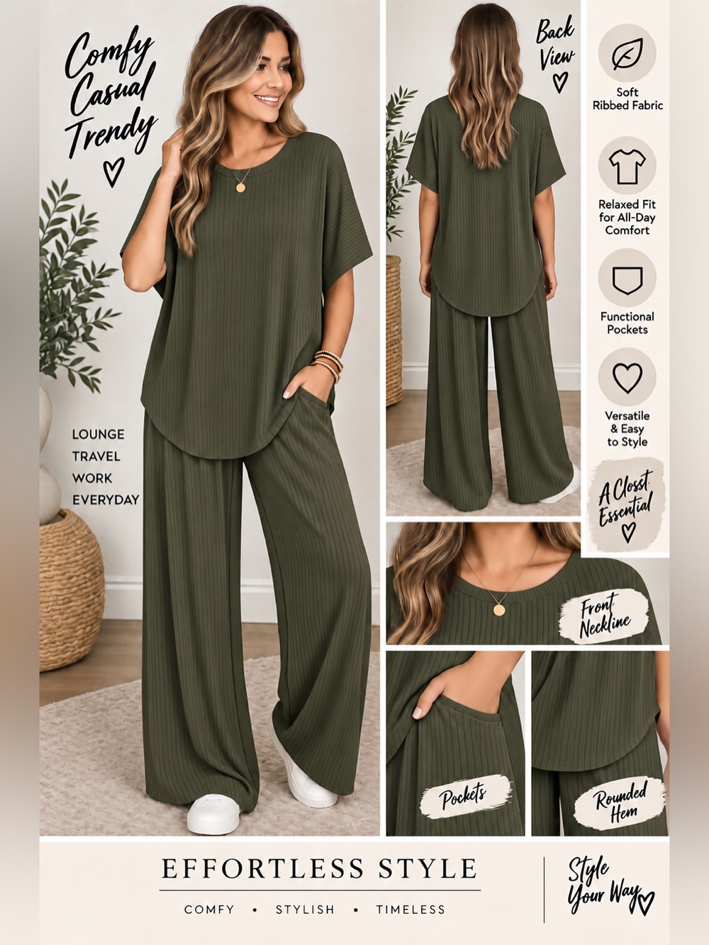 Zenana Women's Olive Green Two-Piece Relaxed Lounge Set